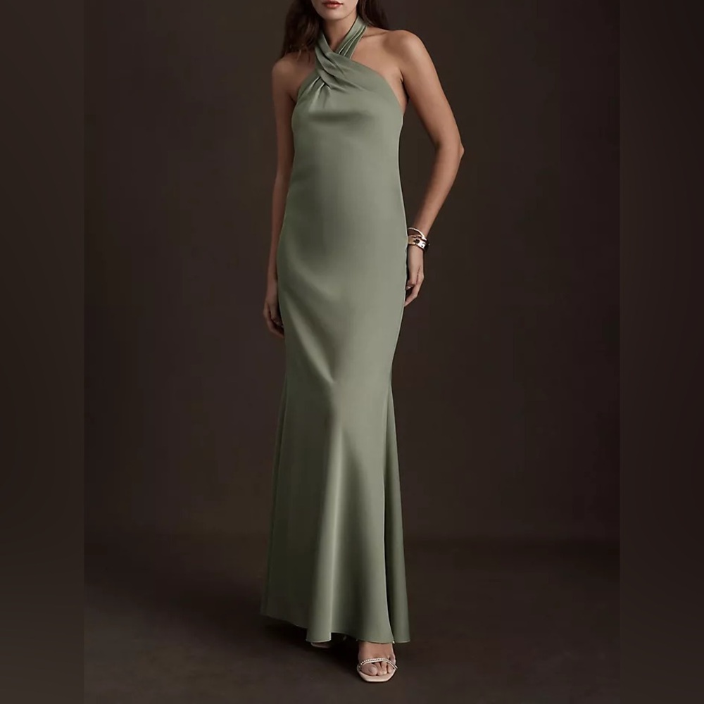 BHLDN Ruby Twist Halter Satin Gown Moss Green Size 4 Anthropologie